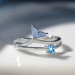 Silver Layered Mermaid Tail with Blue Cubic Zirconia Stone